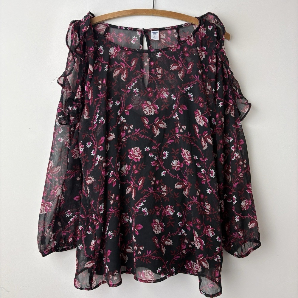 Old Navy Sheer Floral Top Womens Large Black Pink Whimsygoth Roses Romantic Goth